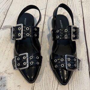 Madden Girl Black Patent Pointed Slingback Flats with Silver Buckles size 7.5
